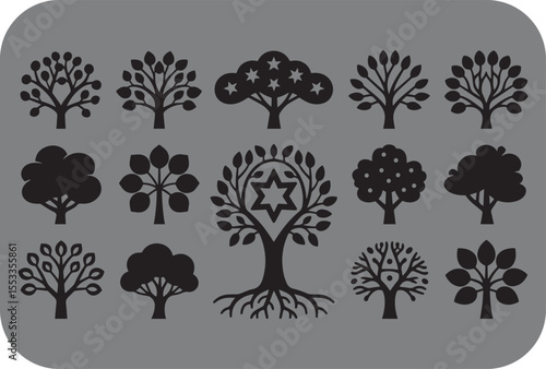 Collection of stylized black tree silhouettes with various leaf shapes and decorative elements like stars and a star of david on a gray background