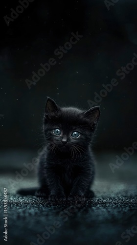 Mysterious Black Kitten in Low Light