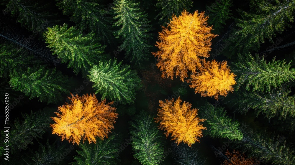 A captivating aerial view featuring vibrant foliage of a forest in autumn, with hues of green and striking orange, offering a stunning perspective of nature's seasonal change. A captivating aerial view featuring vibrant foliage of a forest in autumn, with hues of green and striking orange, offering a stunning perspective of nature's seasonal change.