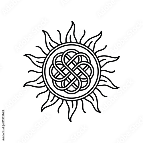 Black and white vector illustration of a Celtic knot sun symbol. Features interwoven lines in a circular pattern with stylized flame rays. Ideal for tattoos, spiritual icons, or decorative art.