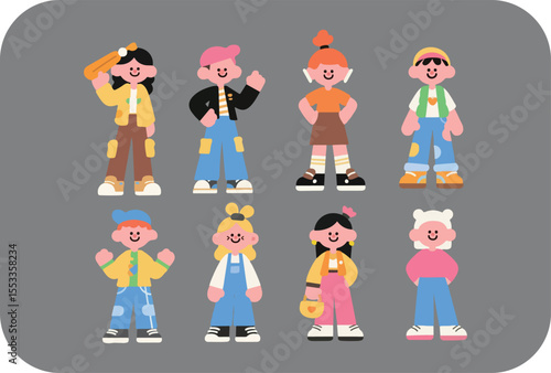 A diverse group of eight happy cartoon children with simple smiling faces and colorful modern clothing stand together against a neutral gray background