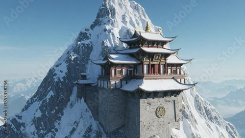 Wallpaper Mural Serene Temple in the Snowy Mountains: A stunning temple stands majestically atop a snow-capped mountain, showcasing intricate architecture against the backdrop of a clear blue sky. Torontodigital.ca