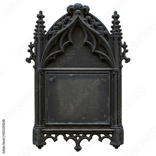 ornate dark stone sign antique frame blank plaque gothic style isolated on white 
