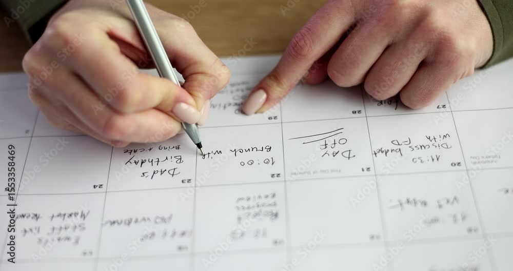 Woman writes appointment in business calendar pointing at box for date. Organizing professional schedule with precise planning during work shifts