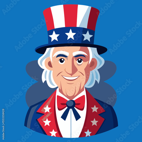 Friendly uncle sam character wearing patriotic top hat and suit