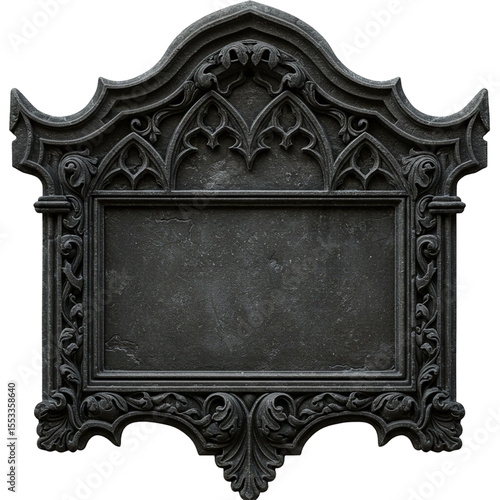 ornate dark stone sign antique frame blank plaque gothic style isolated on white 
