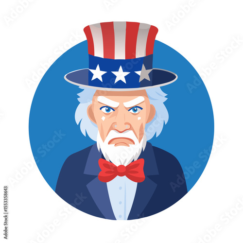 Uncle sam with a stern expression wearing a patriotic hat and suit