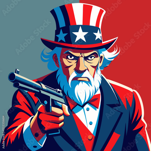 Uncle sam holding a gun with a determined expression and patriotic attire