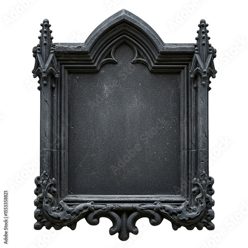 ornate dark stone sign antique frame blank plaque gothic style isolated on white 
