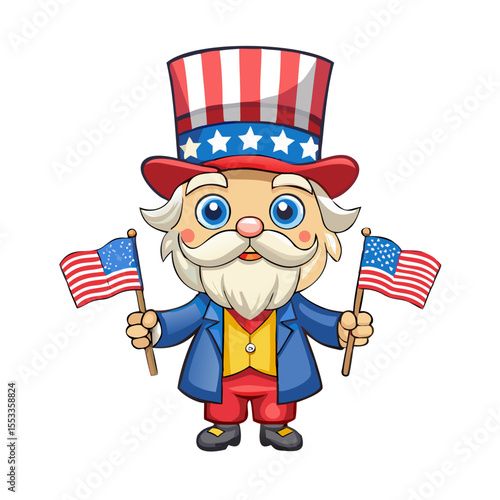 Cartoon uncle sam holding american flags with a friendly expression