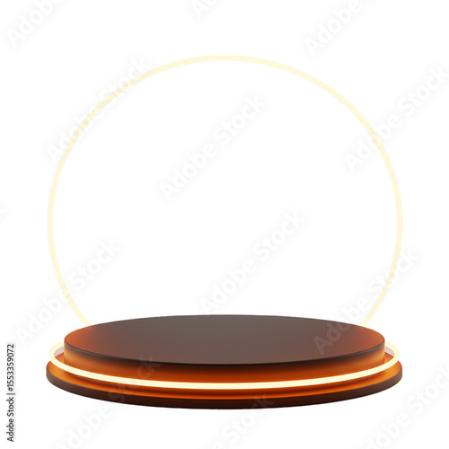 black circular platform with orange neon light product display stand isolated on white background