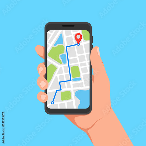 Illustration of a Digital Navigation A Hand Holding a Smartphone Displaying a GPS Map with a Route and Efficient Wayfinding.