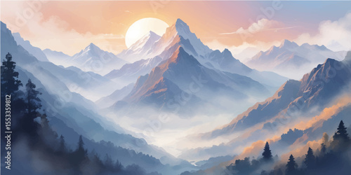 Panoramic alpine landscape at sunrise or sunset with snow-capped peaks and a dramatic sky