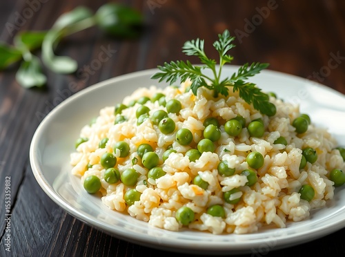 Risotto Delight: A culinary masterpiece, featuring creamy risotto studded with vibrant green peas, meticulously presented on a pristine plate.