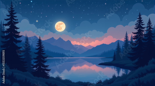 Full moon over lake with starry sky and mountain silhouettes
