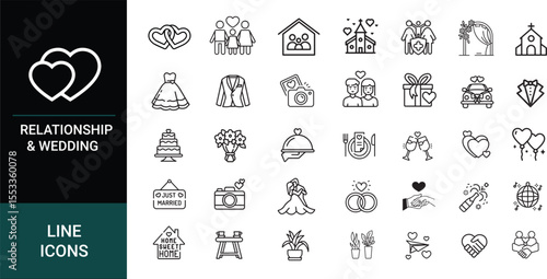 A collection of relationship and wedding line icons on a black background. The icons include hearts, couples, and wedding related items.