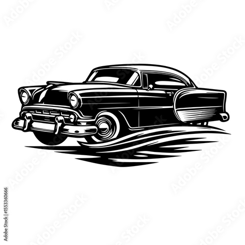 Black and white silhouette vector of a Old Vintage car on white background