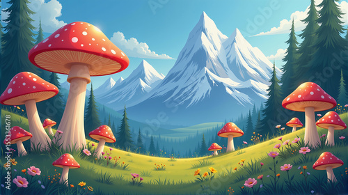 Fantasy Mountain Meadow with Giant Red Mushrooms