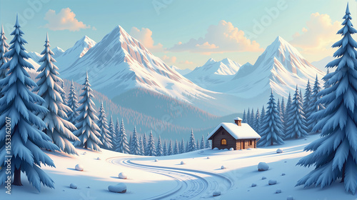 Snowy Mountain Cabin in Pine Forest with Winter Scenery