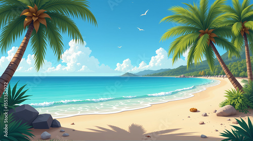 Tropical Beach with Palm Trees and Turquoise Sea Under Blue Sky