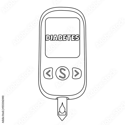 Coloring page with outline drawing of blood glucose meter, or closeup glucometer, with diabetes text and blood droplet on test strip. For entertaining kids, diabetes mellitus black and white design.