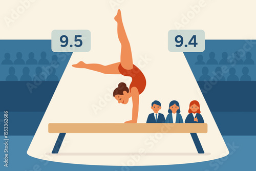 Female gymnast performing on balance beam in competition