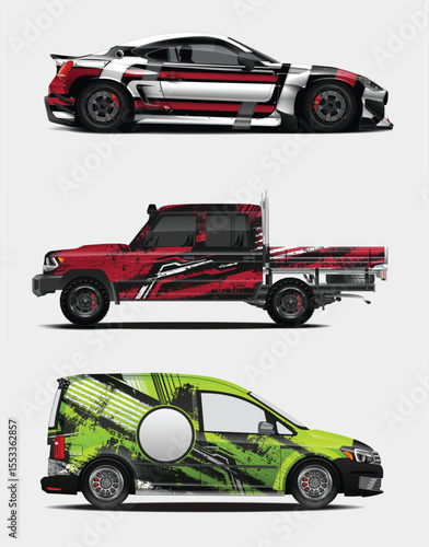 Three Vehicles with Custom Graphics Sports Car Truck and Van