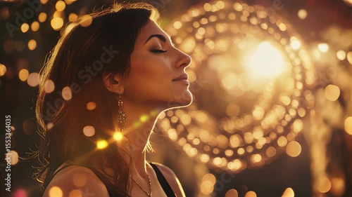 Woman meditation at sunset, glowing yoga mandala, spiritual nirvana awareness, mystical lights effects