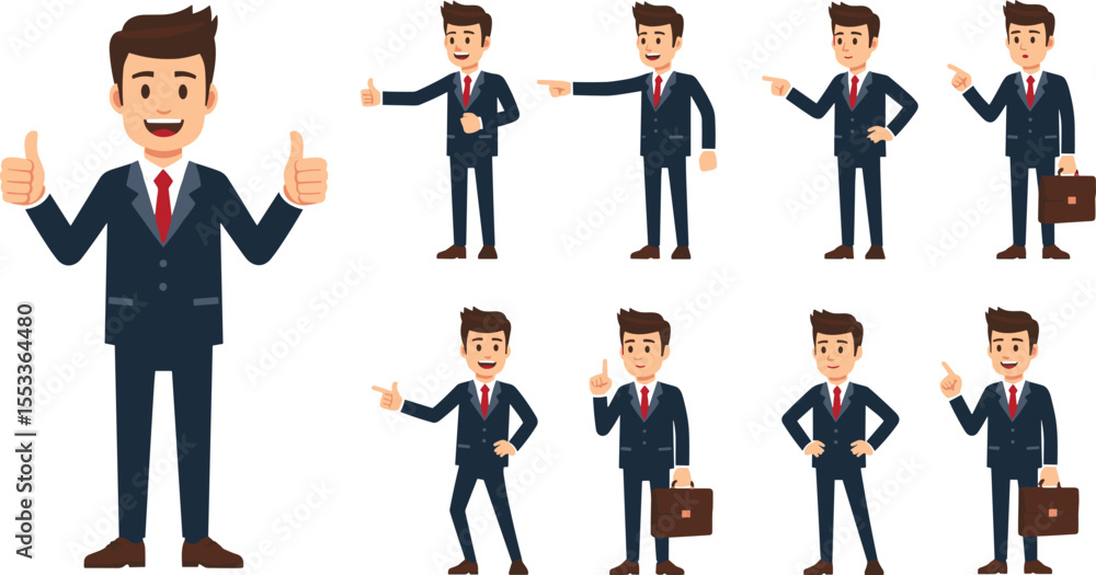 Businessman cartoon character in various poses, suit and tie professional avatar, corporate man thumbs up, pointing, holding briefcase, expressive gestures, office concept illustration Businessman cartoon character in various poses, suit and tie professional avatar, corporate man thumbs up, pointing, holding briefcase, expressive gestures, office concept illustration