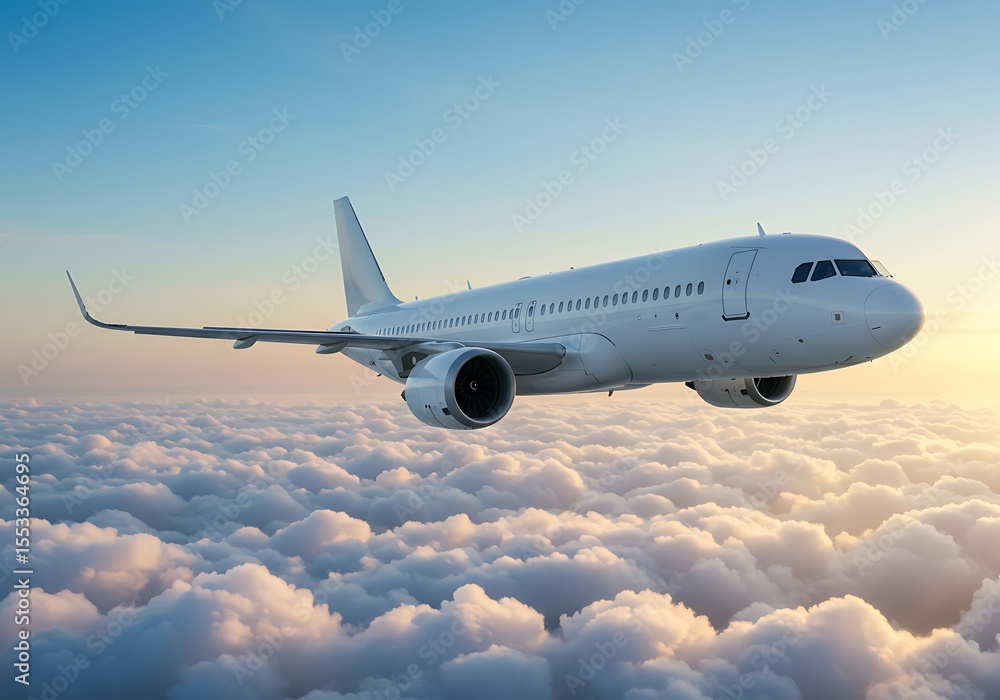 Obraz premium White Airplane Soaring Above Fluffy Clouds at Sunrise. Generative Ai