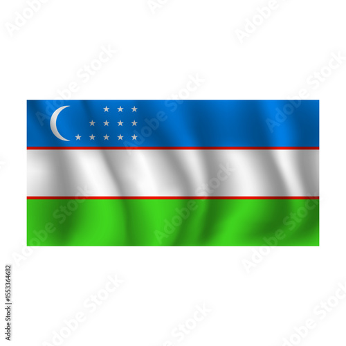 Flag of Uzbekistan wavy flutters in wind, with folds 3d