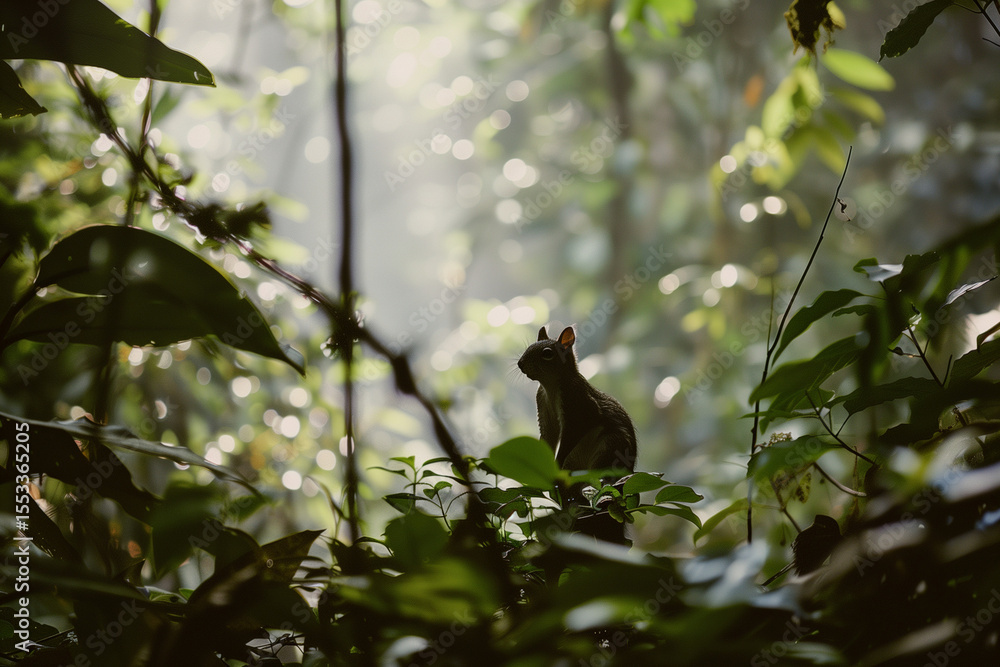 Fototapeta premium Squirrel navigating through tree branches with high intelligence in European forest during cold weather animal behavior study
