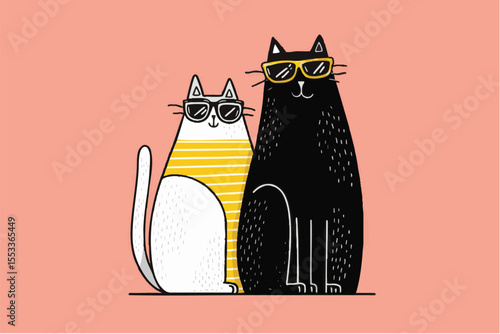 illustration of cool summer cats wearing sunglasses. hand drawn cartoon style