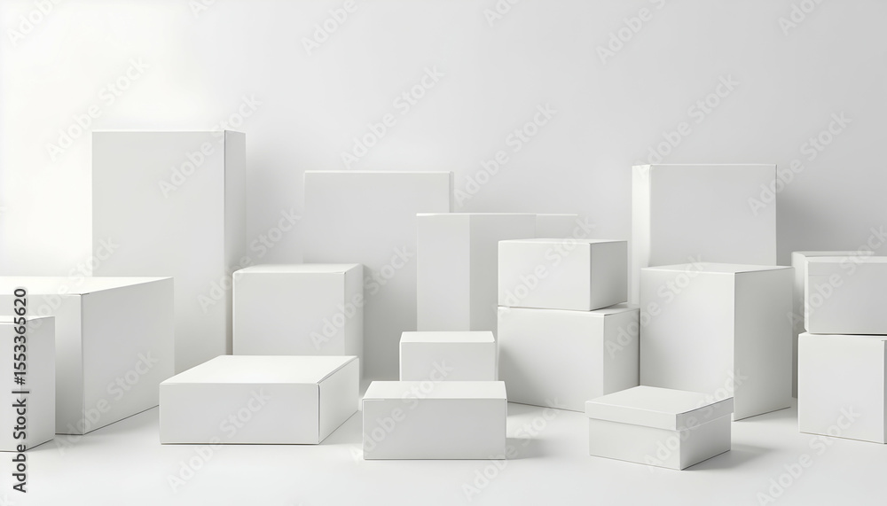 Minimalist white boxes on white backdrop providing customizable product showcase Minimalist white boxes on white backdrop providing customizable product showcase