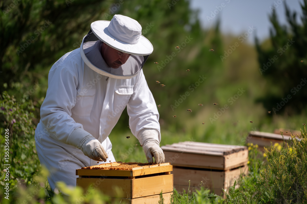 Beekeeper tending to hives in sunny garden on a clear day Beekeeper tending to hives in sunny garden on a clear day