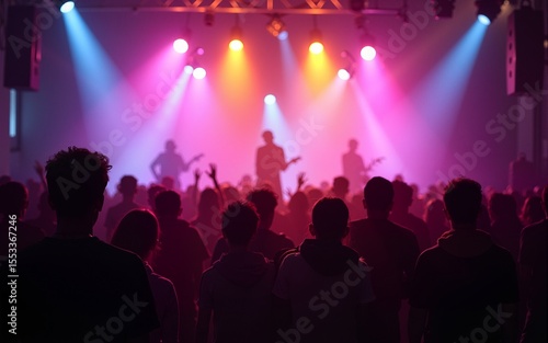 A crowd in a concert hall or disco with scene stage lights in colorful tones, rock music show performance, with people silhouette, on dance floor during a concert festival. High quality