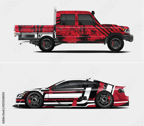 Red and Black Themed Truck and Sports Car with Custom Graphics