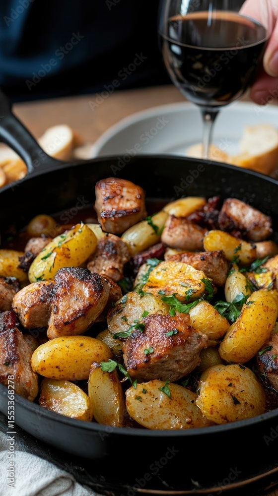 Cast Iron Skillet of Roasted Pork and Potatoes with Red Wine Cast Iron Skillet of Roasted Pork and Potatoes with Red Wine