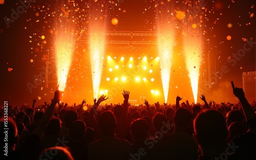 A crowded concert hall with scene stage orange and yellow lights, rock show performance, with people silhouette, colourful confetti explosion fired on dance floor air during a concert festival