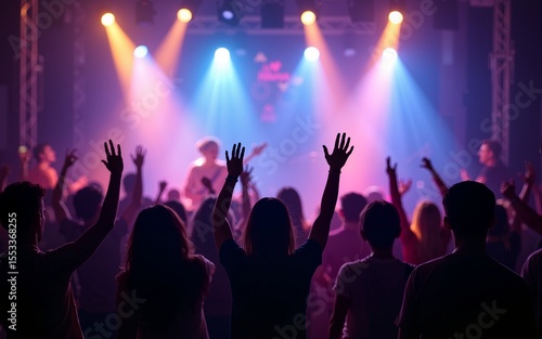 Wallpaper Mural Picture of rock concert, music festival, New Year eve celebration, party in nightclub, dance floor, disco club, many people standing with raised hands up and clapping, happiness and night life concept Torontodigital.ca