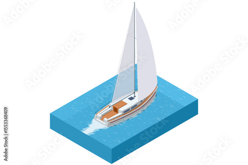 Isometric sailing yacht moving on blue water. Sailboat has a large white sail, a wooden deck, and is leaving a wake behind as it sails. Concept of travel, luxury, marine transport, or summer vacation.