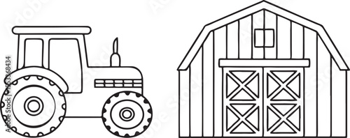 Agriculture Icons with Tractor and Barn in Editable Flat and Outline Vector Style