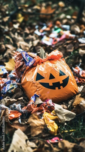 Discarded Halloween Candy in Jack-o'-Lantern Bag Amidst Autumn Leaves