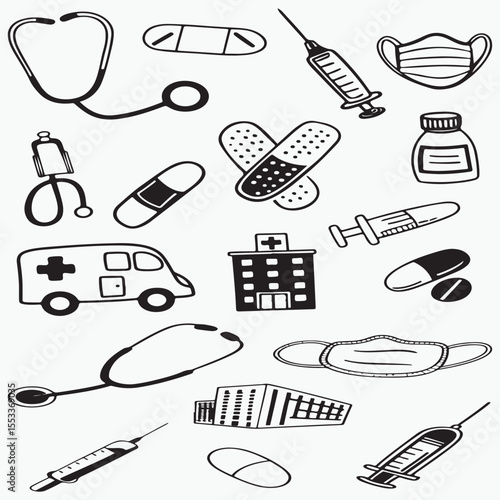 Cute Cartoon Medical Icons Pattern.