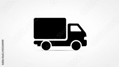 Simple black silhouette of a delivery truck with a cargo box on a white background