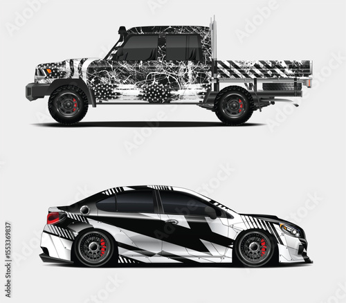 Two Cars with Custom Black and White Graphics on a Light Background