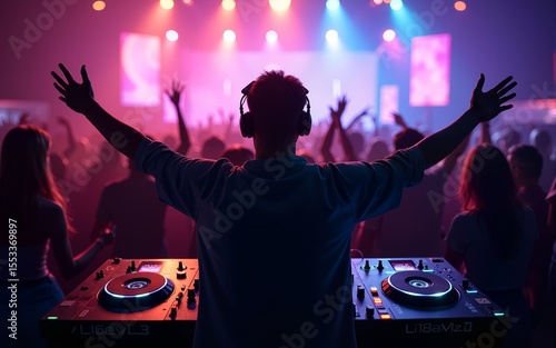 DJ playing and mixing music in nightclub party at night . EDM dance music club with crowd of young people celebrating the energetic youth lifestyle .. Peculiar AI generative image. High quality