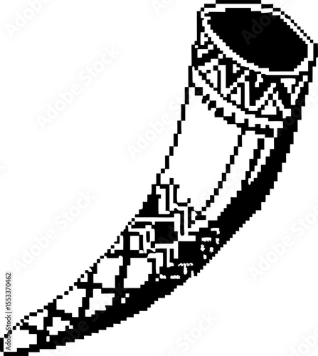 Ancient ceremonial drinking horn illustration monochrome pixel art, ornate traditional pattern, historical artifact concept