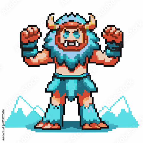 Pixel art yeti monster character with horns, icy fur, angry pose retro game fantasy beast, blue and brown colors