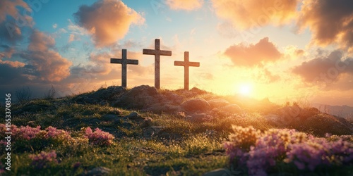 Sunrise over three crosses on a hill adorned with flowers and surrounded by dramatic clouds and gentle light